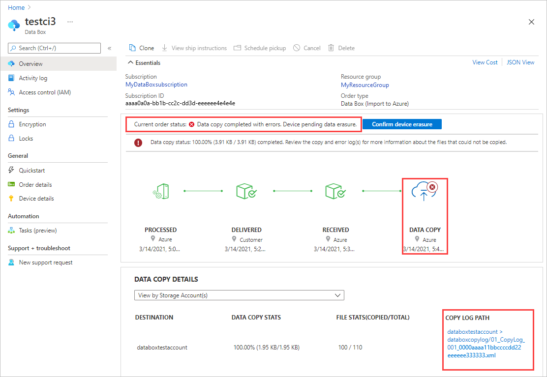 Értesítés másolási hibákról feltöltés közben az Azure Portalon