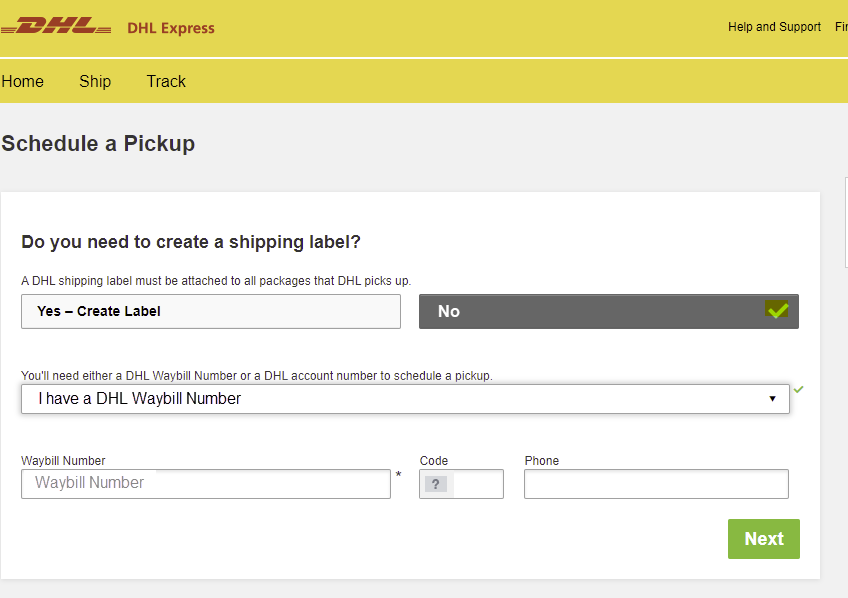 Képernyőkép a DHL-webhelyről a csomagfelvétel ütemezéséhez.