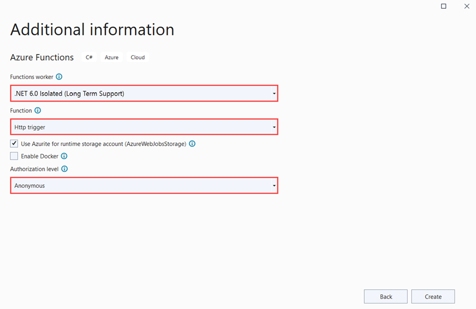 Képernyőkép az Azure Functions projektbeállításairól.