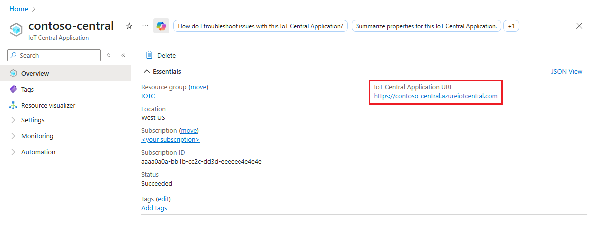 Képernyőkép az IoT Central-alkalmazás erőforrásáról az Azure Portalon. Az alkalmazás URL-címe ki van emelve.