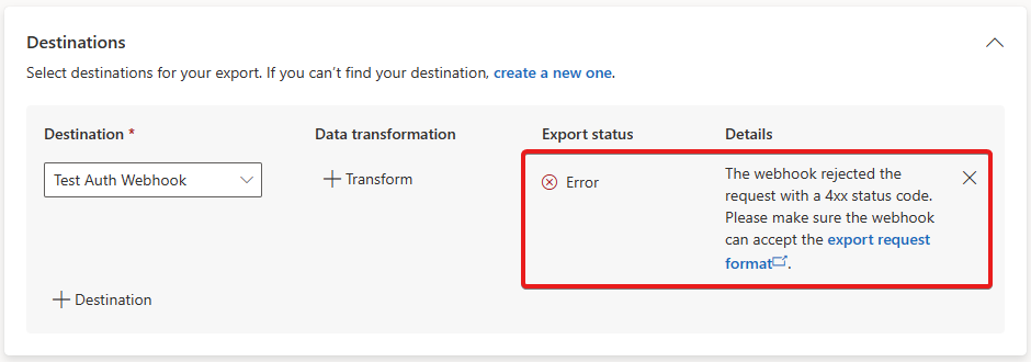 Képernyőkép egy példa exportálási hibáról.