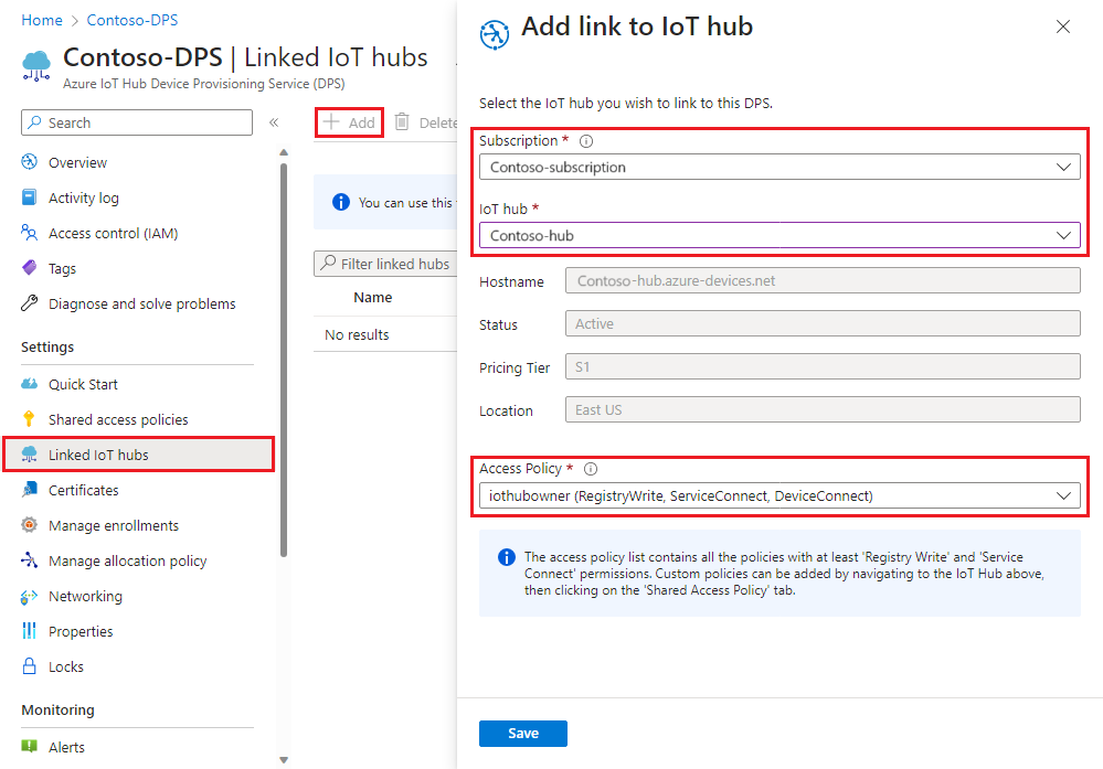 Képernyőkép arról, hogyan csatolhat egy IoT Hubot a Device Provisioning Service-példányhoz a portálon.