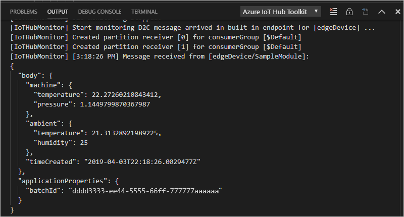 A Visual Studio Code kimeneti ablakának képernyőképe, amely a bejövő eszközből a felhőbe irányuló üzeneteket mutatja.