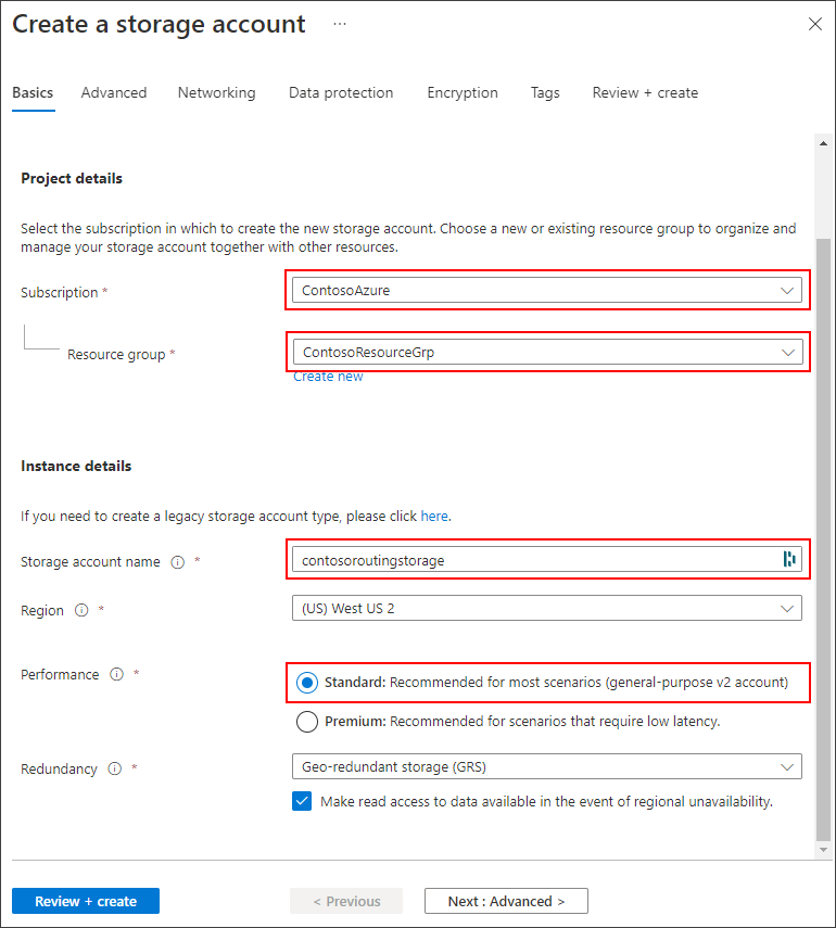 Képernyőkép arról, hogyan hozhat létre tárfiókot az Azure Portalon.