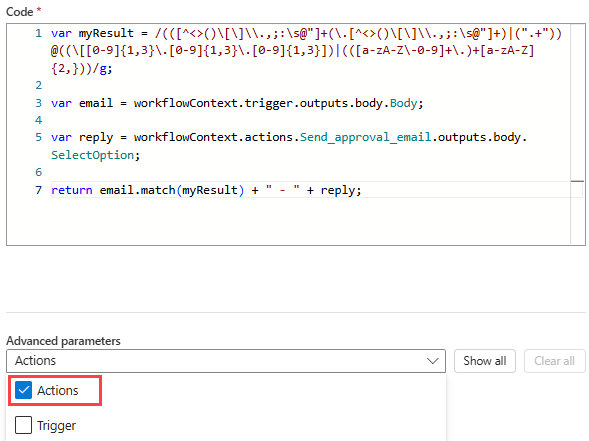 Képernyőkép a JavaScript-kód végrehajtása műveletről a Kiválasztott Műveletek paraméterrel.