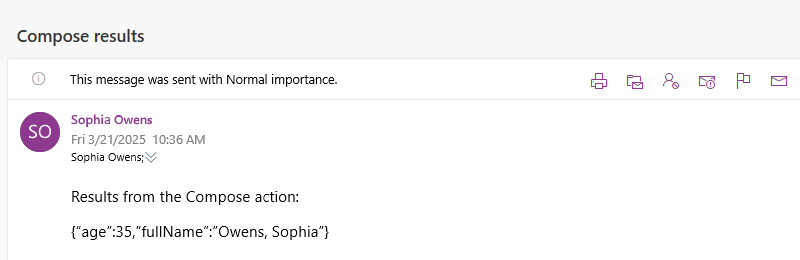 Képernyőkép az e-mailről a Compose művelet eredményeivel.