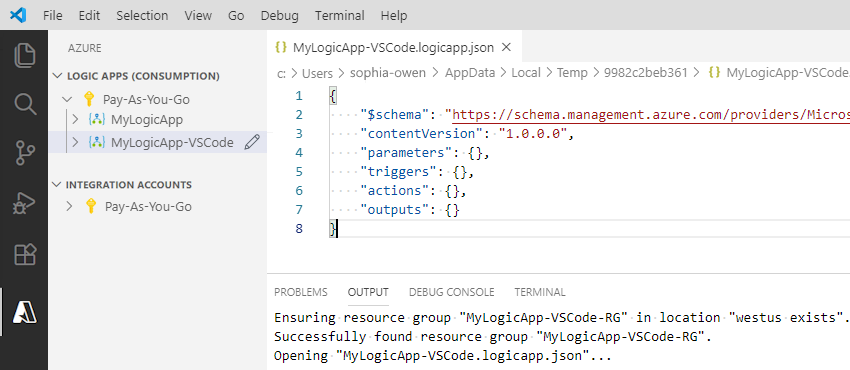 Képernyőkép egy üres logikai alkalmazás munkafolyamat-definíciójának keretrendszeréről egy JSON-fájlban.