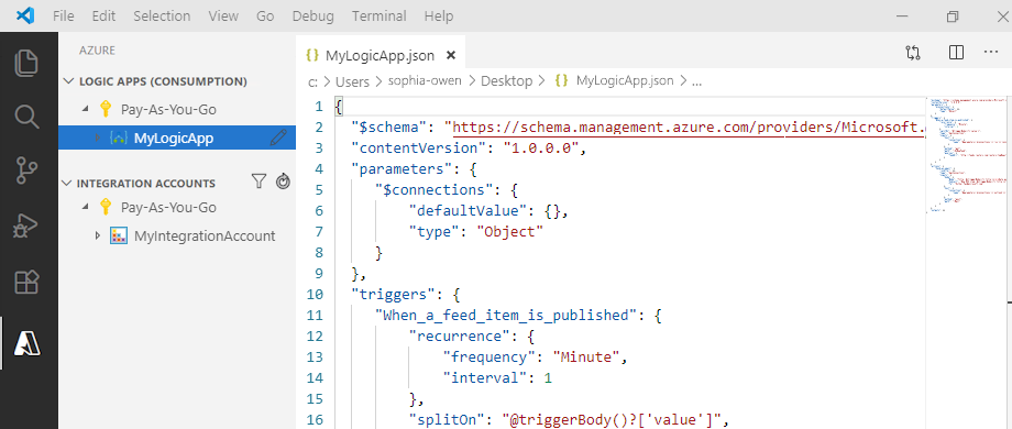 Képernyőkép, amely egy példát mutat be egy Fogyasztási logikai alkalmazás munkafolyamat-definíciójára a Visual Studio Code-ban.