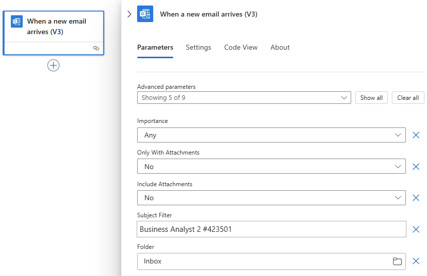 A képernyőkép a Fogyasztási munkafolyamatot és az Office 365 Outlook kiváltót mutatja.