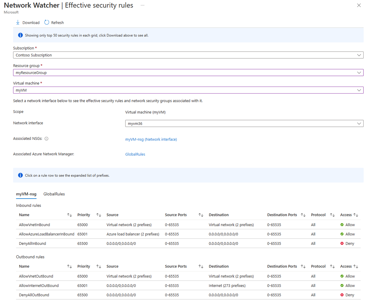 Képernyőkép az Azure Network Watcher hatályos biztonsági szabályairól a Azure Portal.