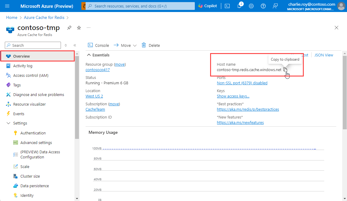 Képernyőkép az Azure Cache for Redis tulajdonságairól.