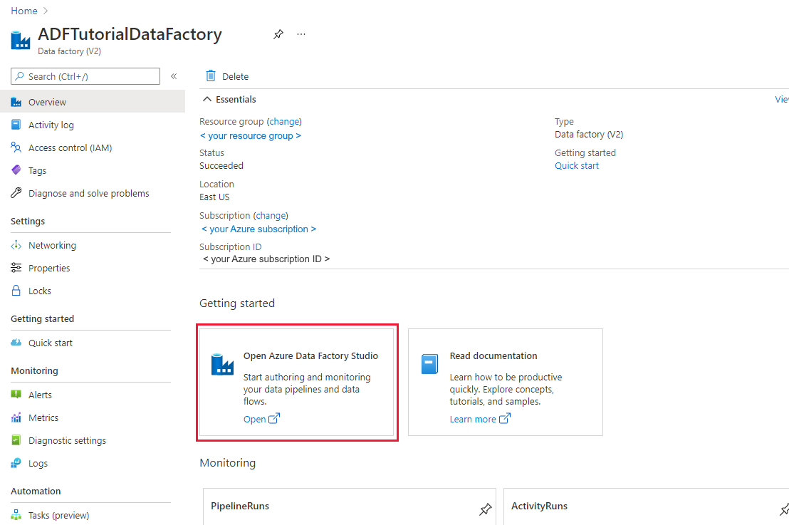 Az Azure Data Factory kezdőlapja, az Open Azure Data Factory Studio csempével.