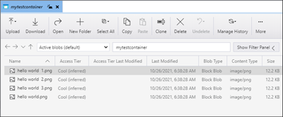 Képernyőkép arról, hogyan tekintheti meg a blobokat egy tárolóban a Microsoft Azure Storage Explorerben