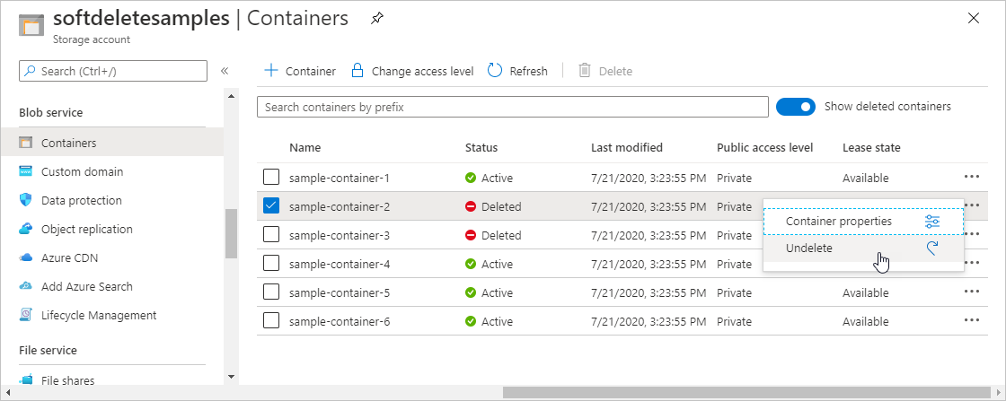 Képernyőkép egy helyreállíthatóan törölt tároló visszaállításáról az Azure Portalon