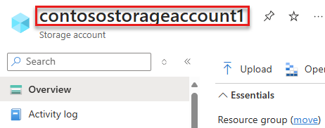 Képernyőkép az Azure Portal oldaláról, amely kiemeli a tárfiók nevét.
