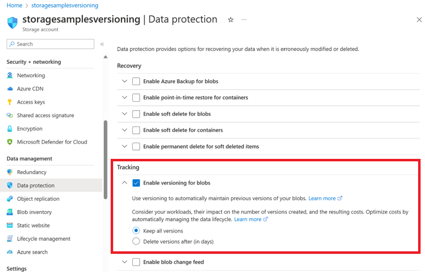 Képernyőkép a blob verziószámozásának engedélyezéséről az Azure Portalon