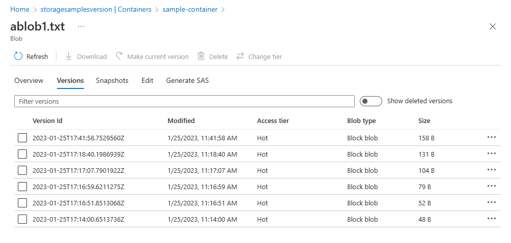 Képernyőkép a blobverziók az Azure Portalon való listázásáról