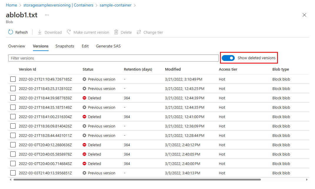 Képernyőkép a helyreállíthatóan törölt verziók listázásáról az Azure Portalon.