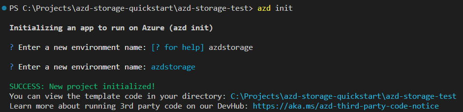 Egy képernyőkép, amely az Azure Developer CLI init parancsot mutatja.