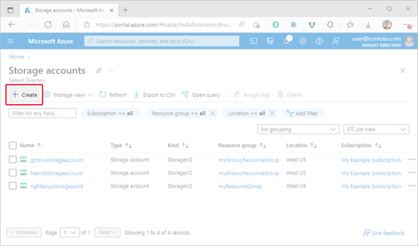 A Tárfiókok lap Létrehozás gombjának képernyőképe az Azure portal.