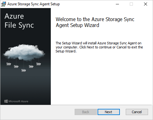 Az Azure File Sync agent installer első panelje.