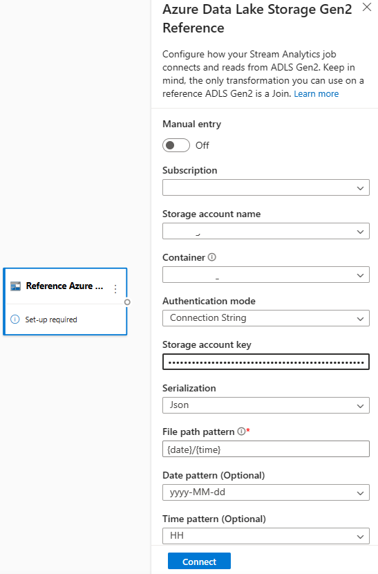 Képernyőkép az Azure Data Lake Storage Gen2 bemenetként való konfigurálásához szükséges mezőkről a kód nélküli szerkesztőben.
