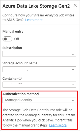 Képernyőkép a felügyelt identitás kiválasztásáról az Azure Data Lake Storage Gen2 hitelesítési módszereként