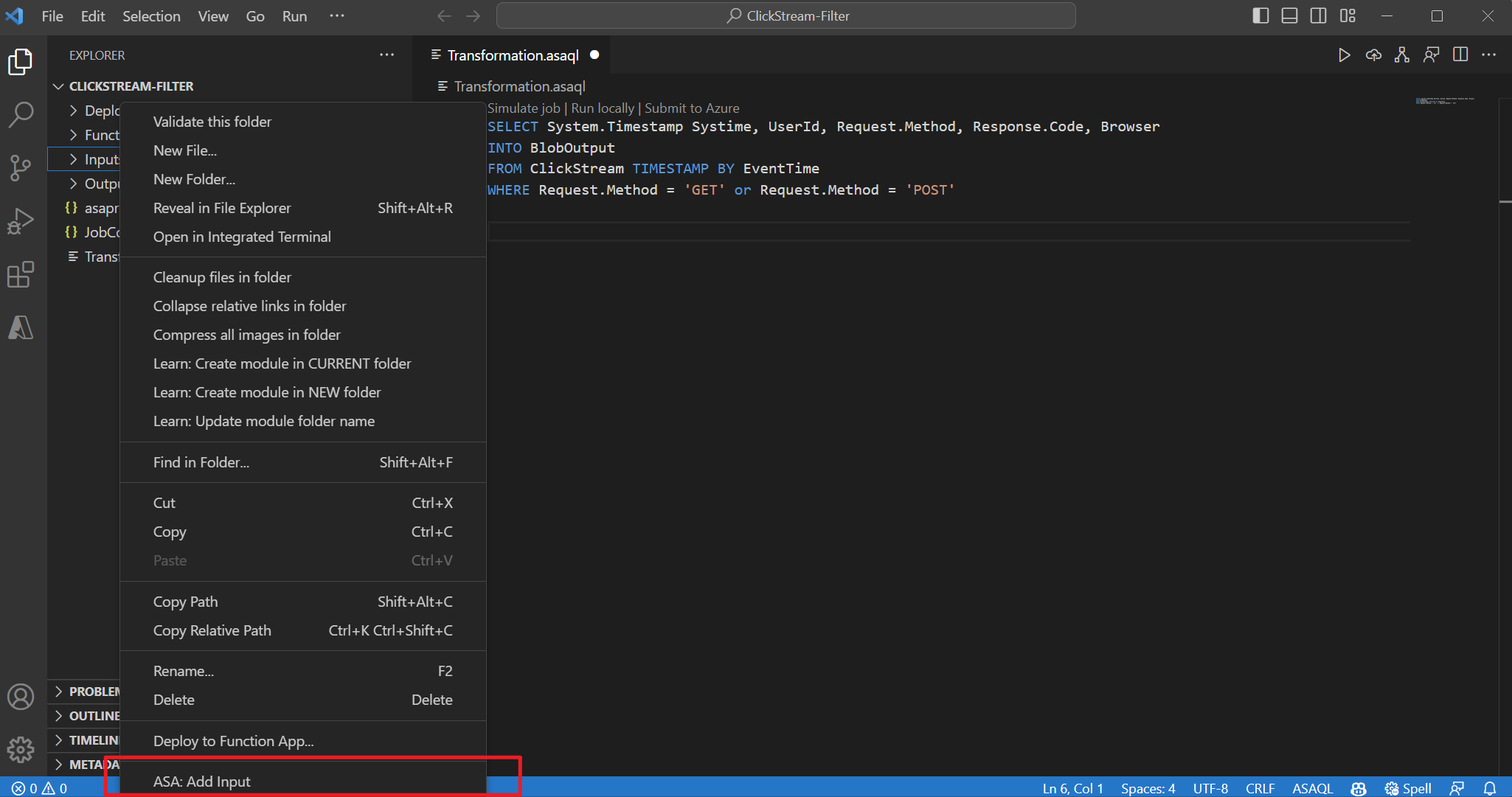 Képernyőkép a VS Code bővítményről, amely a legördülő menüből adja hozzá a bemenetet.