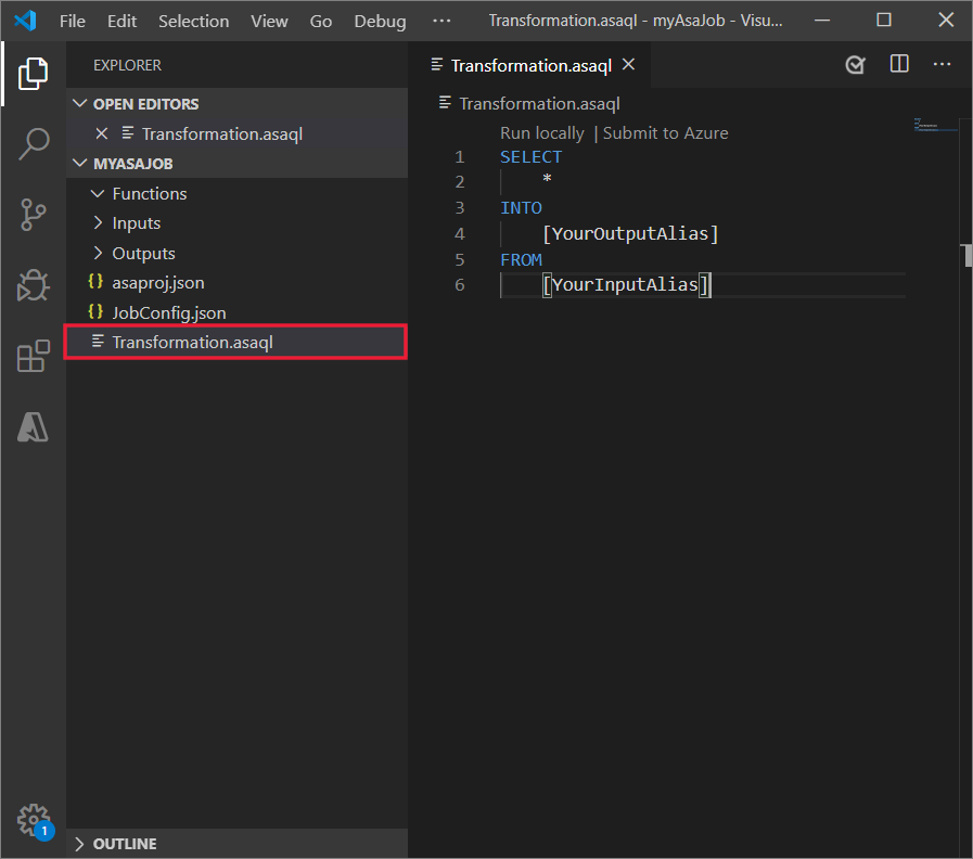 Transformation.asaql fájl a Visual Studio Code-ban