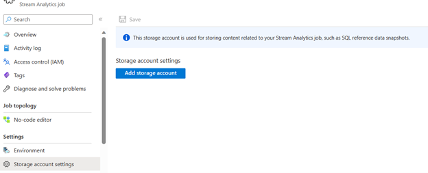 Képernyőkép egy Stream Analytics-feladat Storage-fiókbeállítási oldaláról.