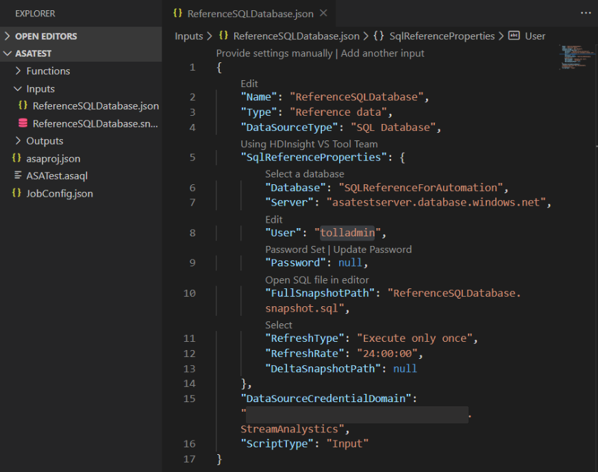 A Visual Studio Code-szerkesztő (lap) ReferenceSQLDatabase.json jelenít meg.