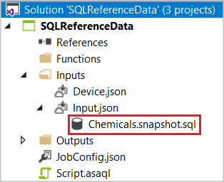 Az SQL CodeBehind fájl Chemicals.snapshot.sql ki van emelve.