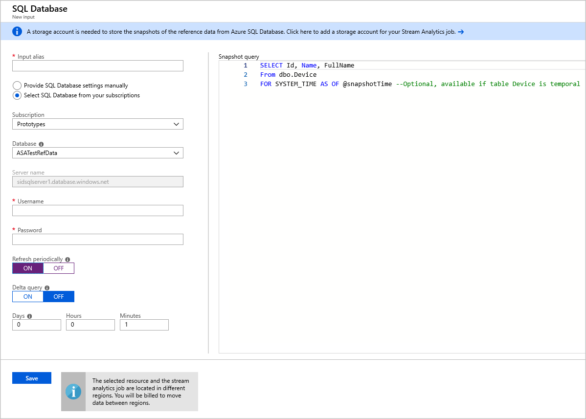 Ha az SQL Database van kiválasztva, megjelenik az SQL Database Új bemeneti lapja. A bal oldali panelen található egy konfigurációs űrlap, a jobb oldali panelen pedig egy Pillanatkép-lekérdezés.