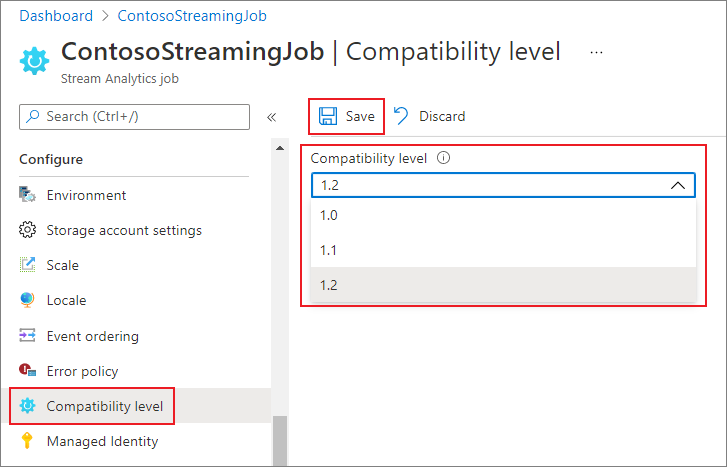 Stream Analytics kompatibilitási szint az Azure Portalon