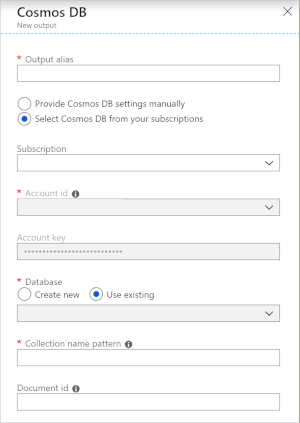 Képernyőkép egy Azure Cosmos DB kimeneti stream információs mezőiről.
