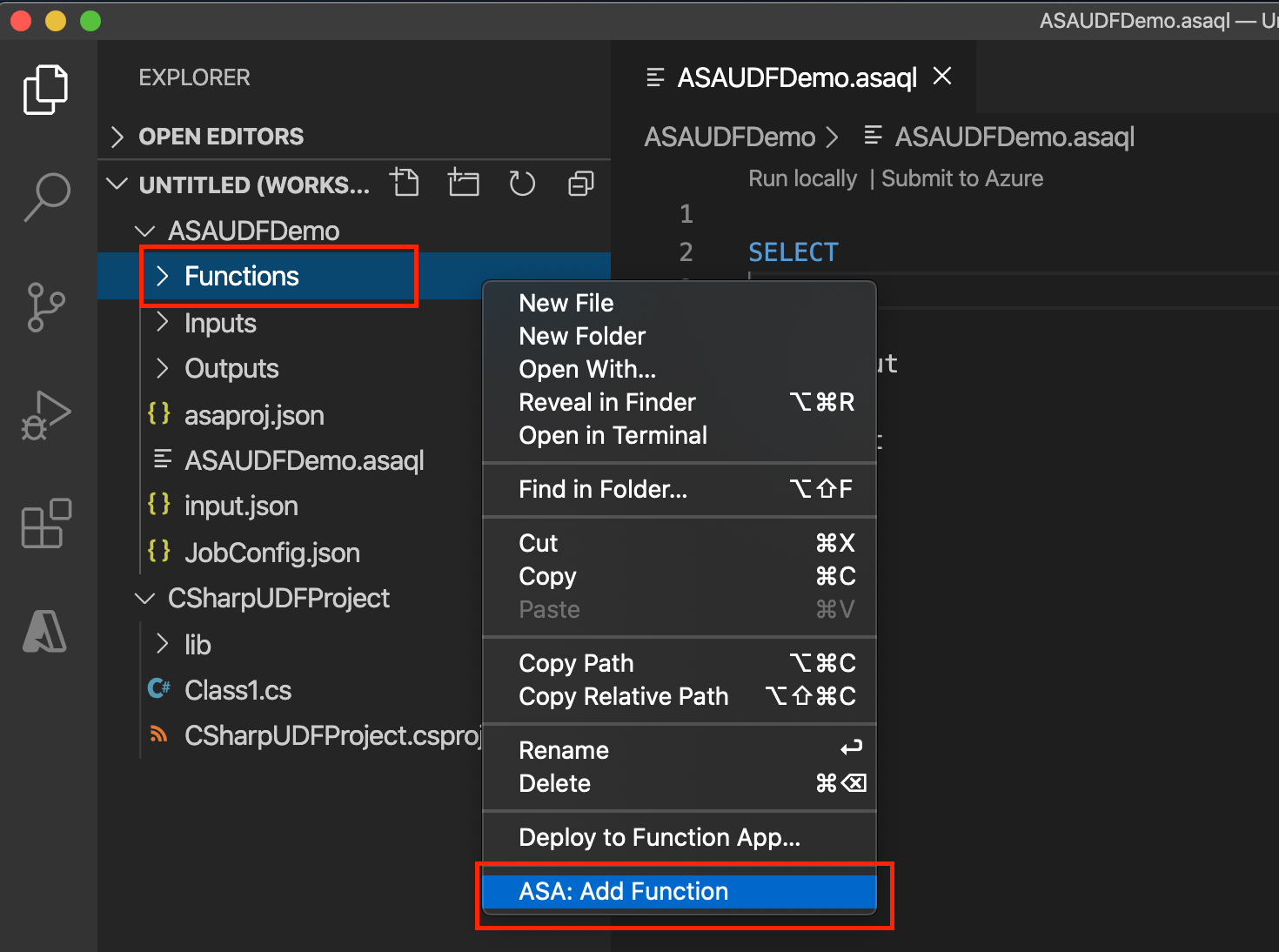 Új függvény hozzáadása az Azure Stream Analytics-projektben