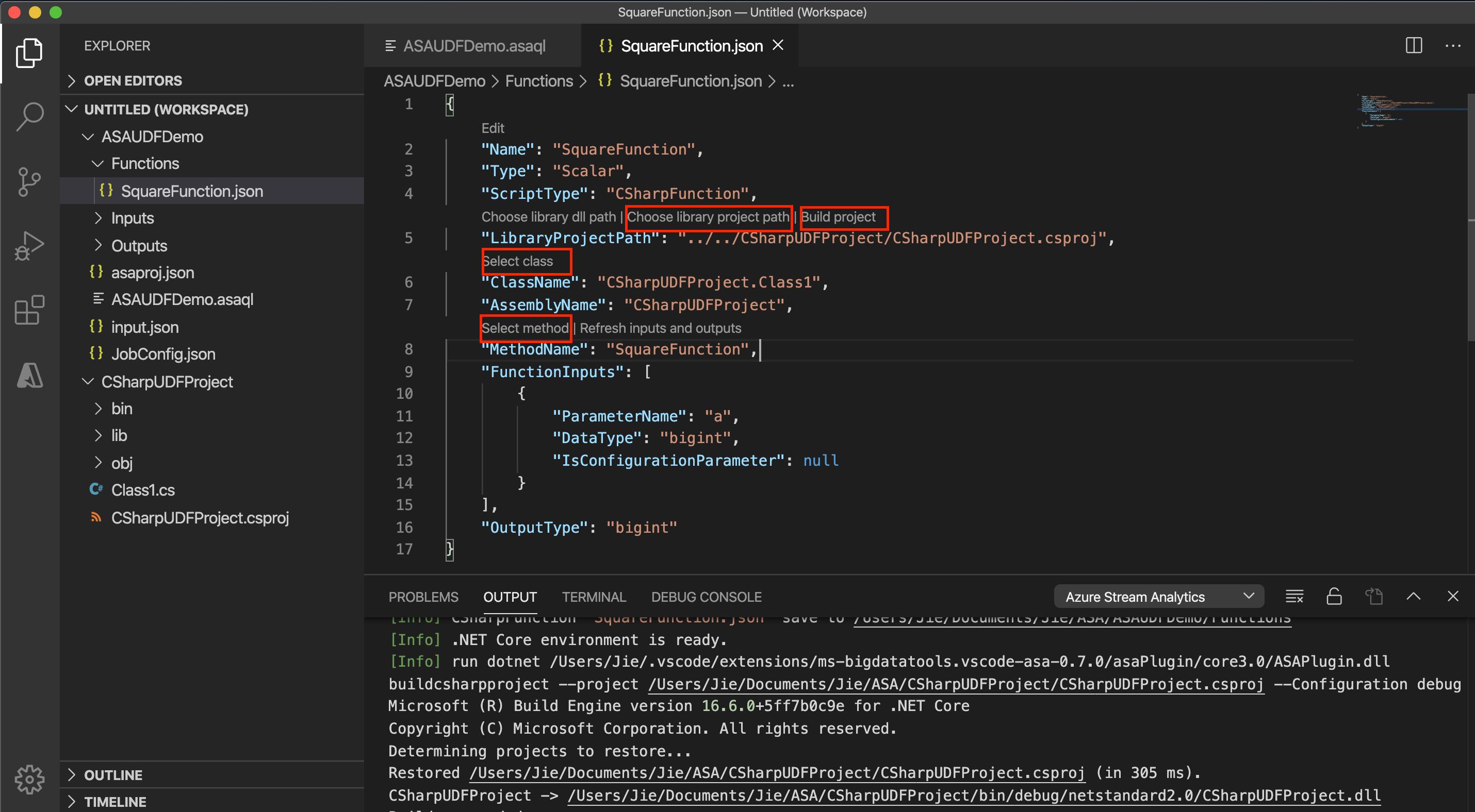 Stream Analytics C éles függvénykonfiguráció VS Code
