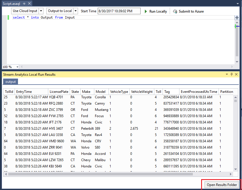 Az Azure Stream Analytics Visual Studio élő adatmegnyitási eredmények mappája