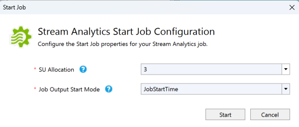 Képernyőkép a Stream Analytics Start Job Configuration párbeszédpanelről.