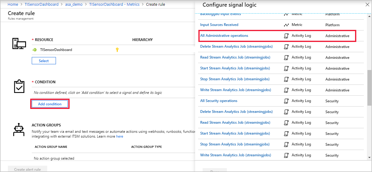 A Stream Analytics-riasztás jelnevének kiválasztása