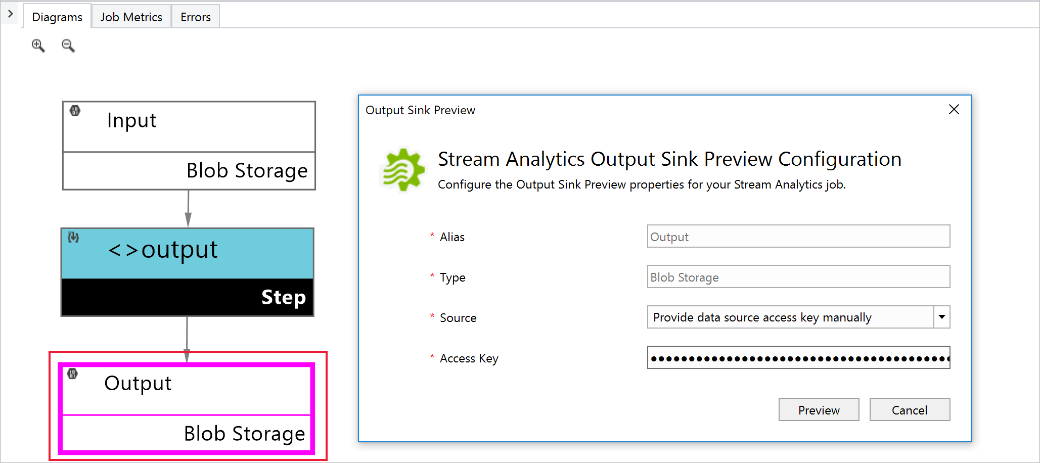 Stream Analytics-feladatblob kimenete