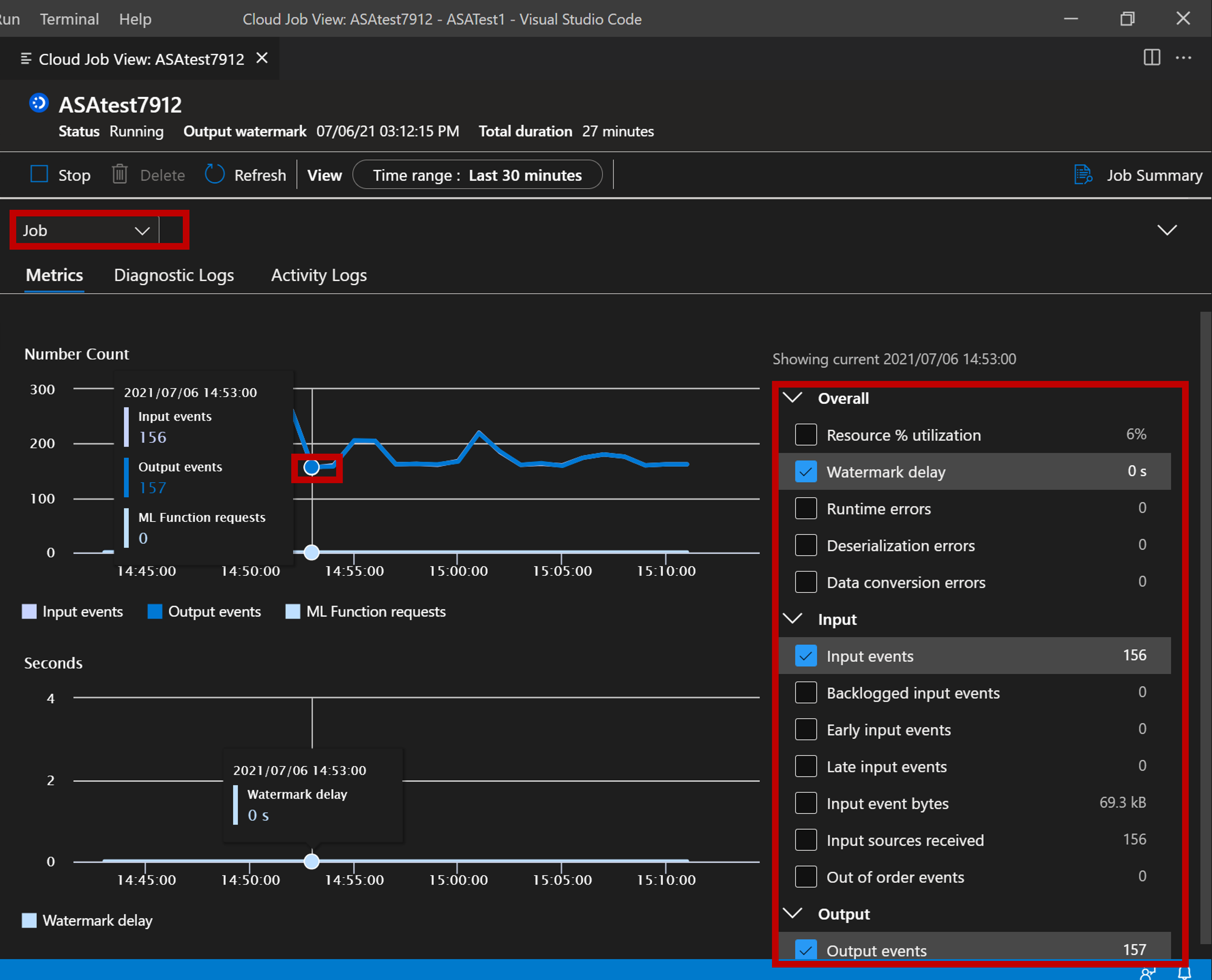 Képernyőkép a VS Code-bővítmény feladatmetrikáinak megtekintéséről.
