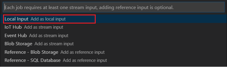 ASA helyi bemenet hozzáadása a Visual Studio Code-ban