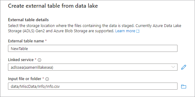 Képernyőkép a Külső tábla létrehozása a Data Lake panelről lehetőségekkel