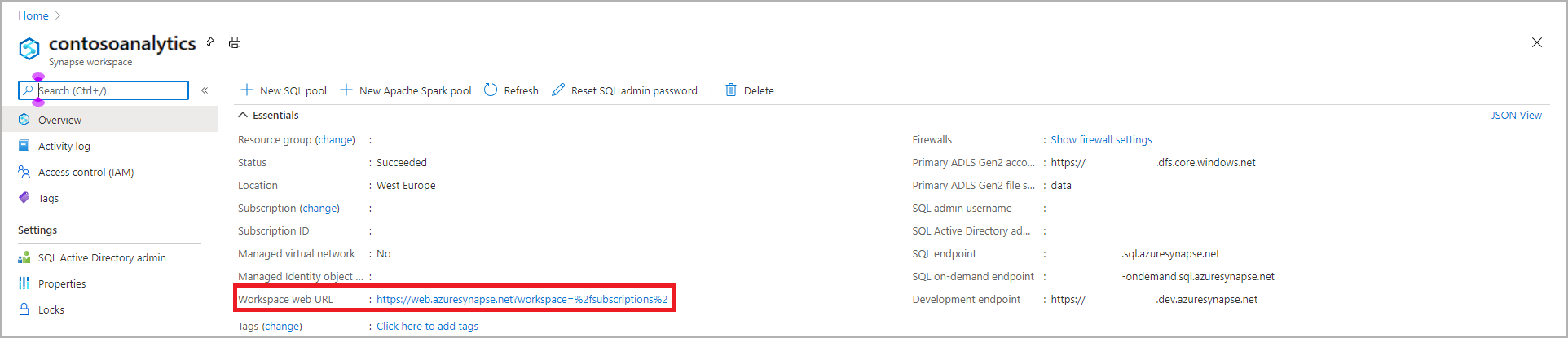 Képernyőkép az Azure Portal Synapse-munkaterületének áttekintéséről a Munkaterület webes URL-címének kiemelésével.