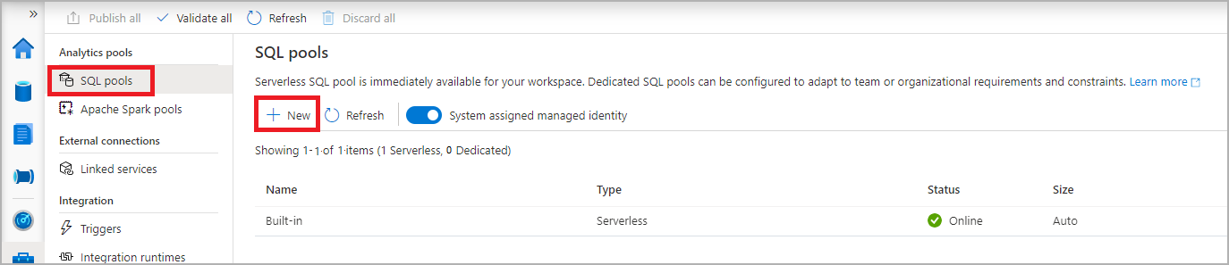 Képernyőkép az SQL-készletek Synapse Studio Management Hub-listájáról.