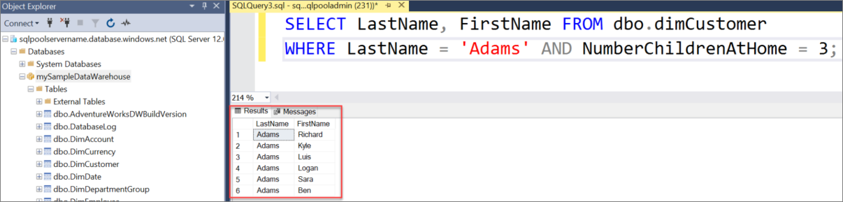 Képernyőkép az SQL Server Management Studio (SSMS) lekérdezési ablakáról. Dbo.dimCustomer lekérdezése.