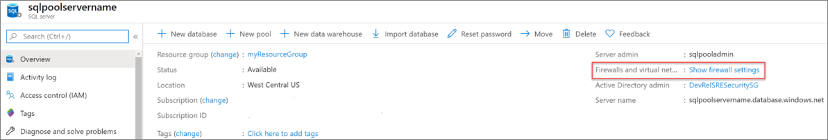 Képernyőkép az Azure Portalról. Kiszolgálóbeállítások, Tűzfalbeállítások megjelenítése.