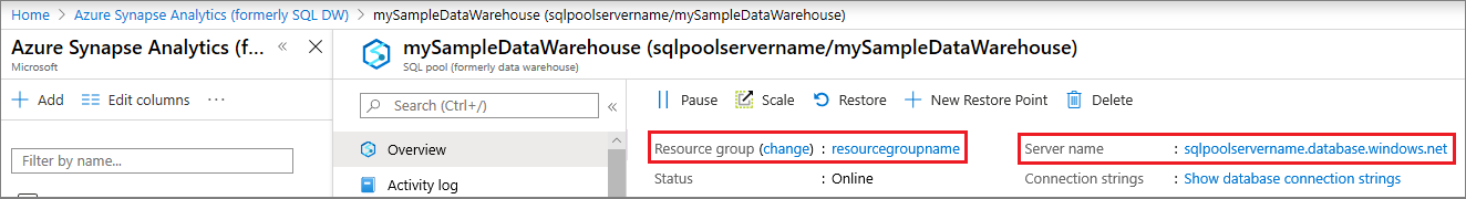 Képernyőkép a dedikált SQL-készlet (korábban SQL DW) kiszolgálónevét és erőforráscsoportját tartalmazó Azure Portalról.