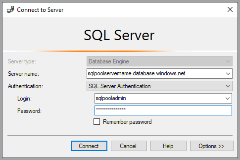 Képernyőkép az SQL Server Management Studióról a dedikált SQL-készlethez való csatlakozáshoz.
